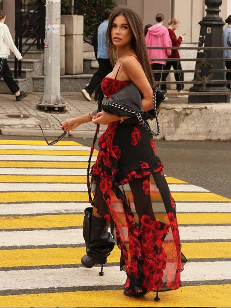 Flower Print Irregular Ruffles Tassel Hem Low-Neck Folds Skinny Street Midnight Party Dress