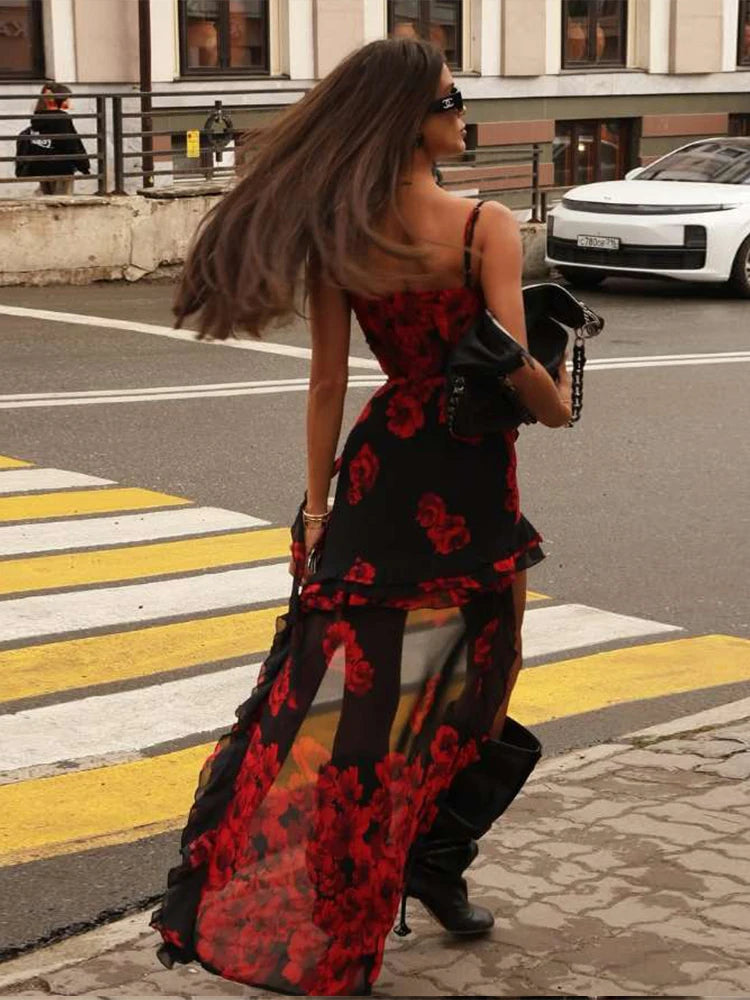 Flower Print Irregular Ruffles Tassel Hem Low-Neck Folds Skinny Street Midnight Party Dress