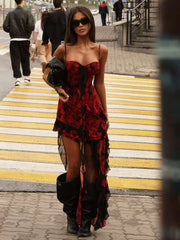 Flower Print Irregular Ruffles Tassel Hem Low-Neck Folds Skinny Street Midnight Party Dress