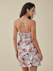 Flower Print Knotted Open Back Criss-cross Tulip Hem Dress