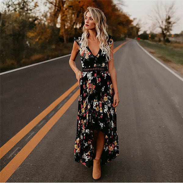 Sleeveless Irregular Hem Backless Floral Print long Dress