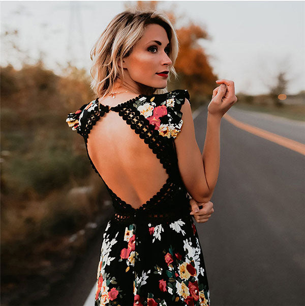 Sleeveless Irregular Hem Backless Floral Print long Dress