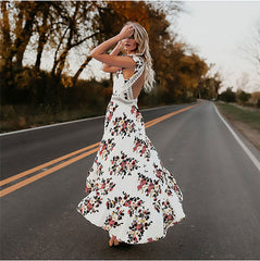 Sleeveless Irregular Hem Backless Floral Print long Dress