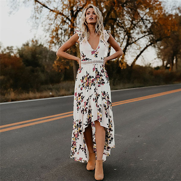 Sleeveless Irregular Hem Backless Floral Print long Dress