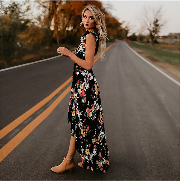 Sleeveless Irregular Hem Backless Floral Print long Dress
