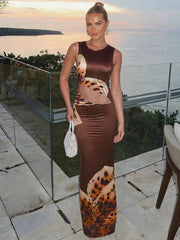 Flower Print O-Neck Sleeveless Holiday Beach Style Maxi Dress