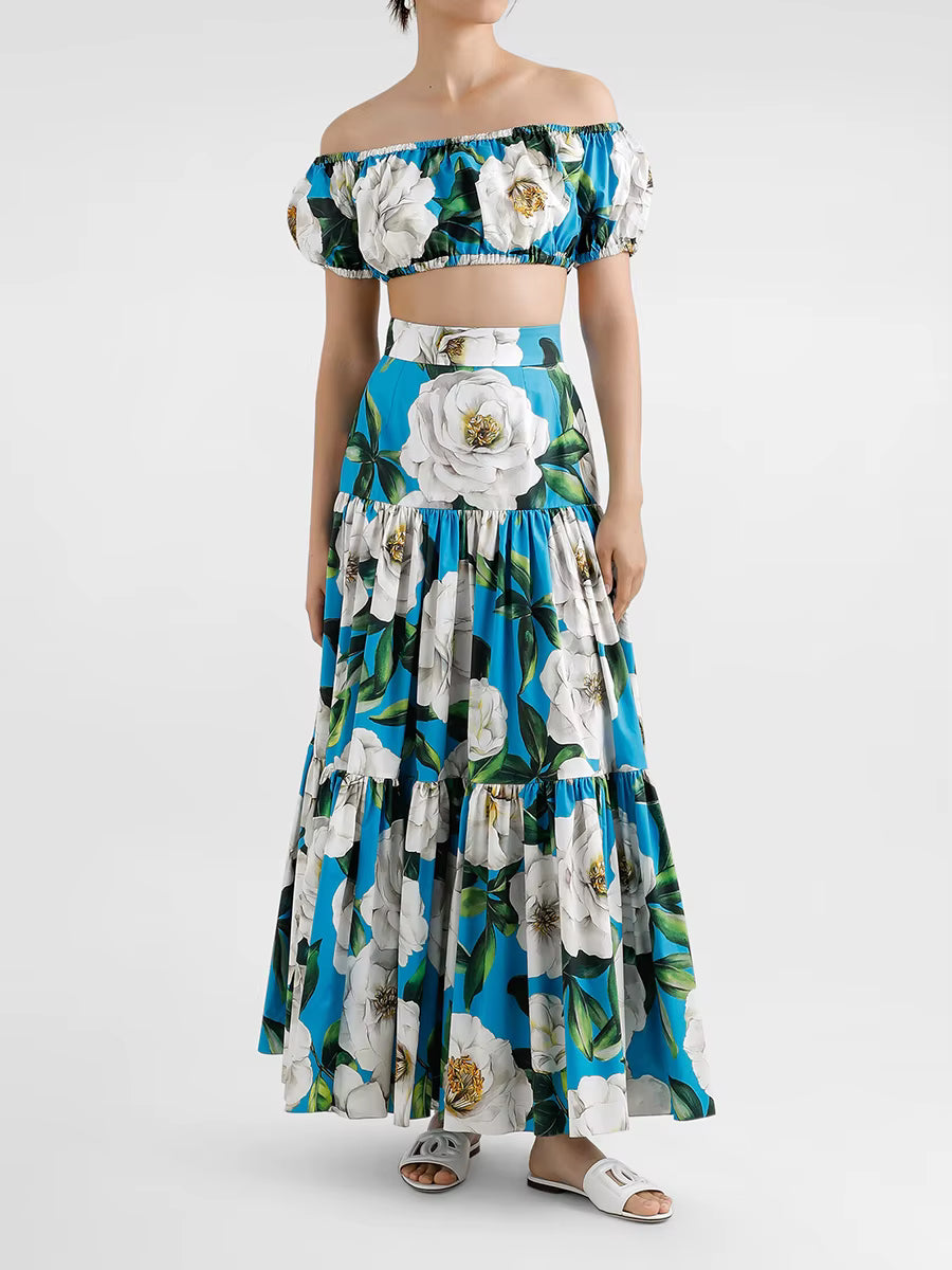 Flower Print Off The Shoulder Short Sleeve Top High Waist A Line Folds Skirts Two Piece Set
