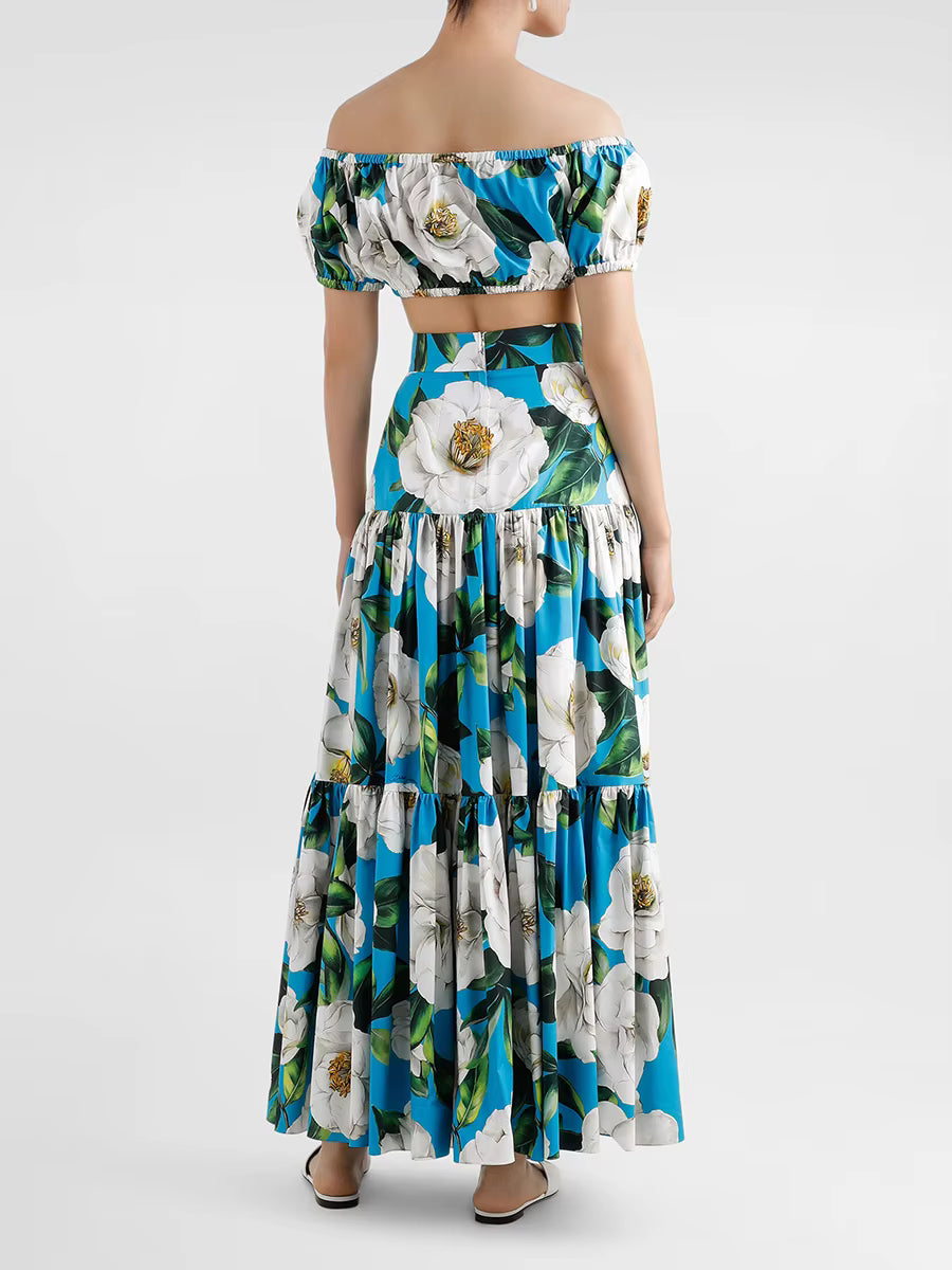 Flower Print Off The Shoulder Short Sleeve Top High Waist A Line Folds Skirts Two Piece Set