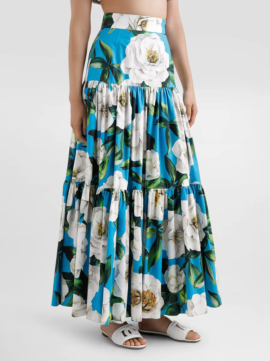 Flower Print Off The Shoulder Short Sleeve Top High Waist A Line Folds Skirts Two Piece Set