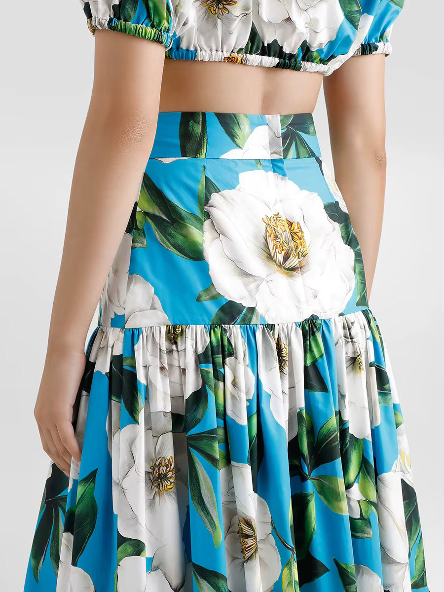 Flower Print Off The Shoulder Short Sleeve Top High Waist A Line Folds Skirts Two Piece Set
