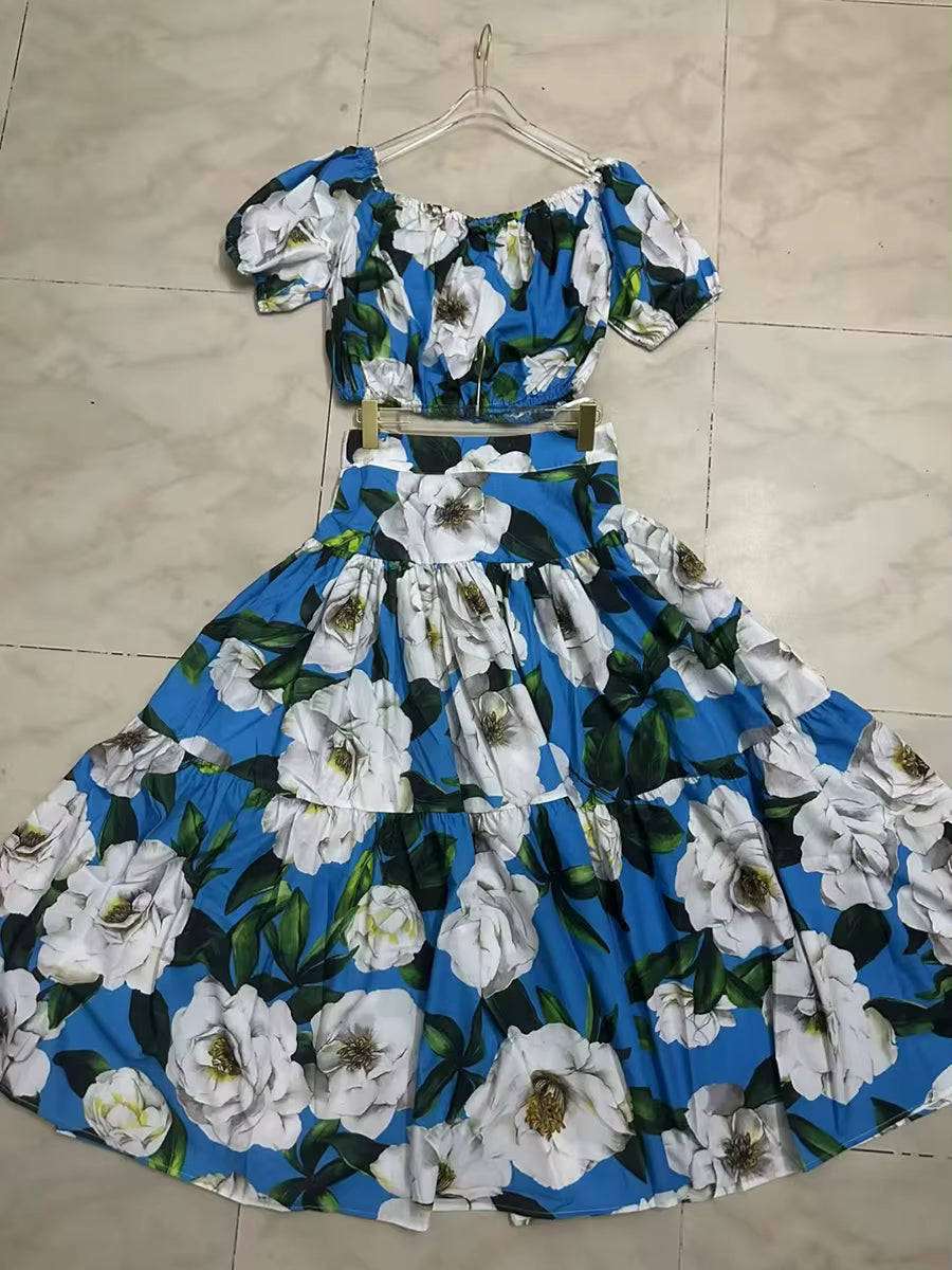 Flower Print Off The Shoulder Short Sleeve Top High Waist A Line Folds Skirts Two Piece Set
