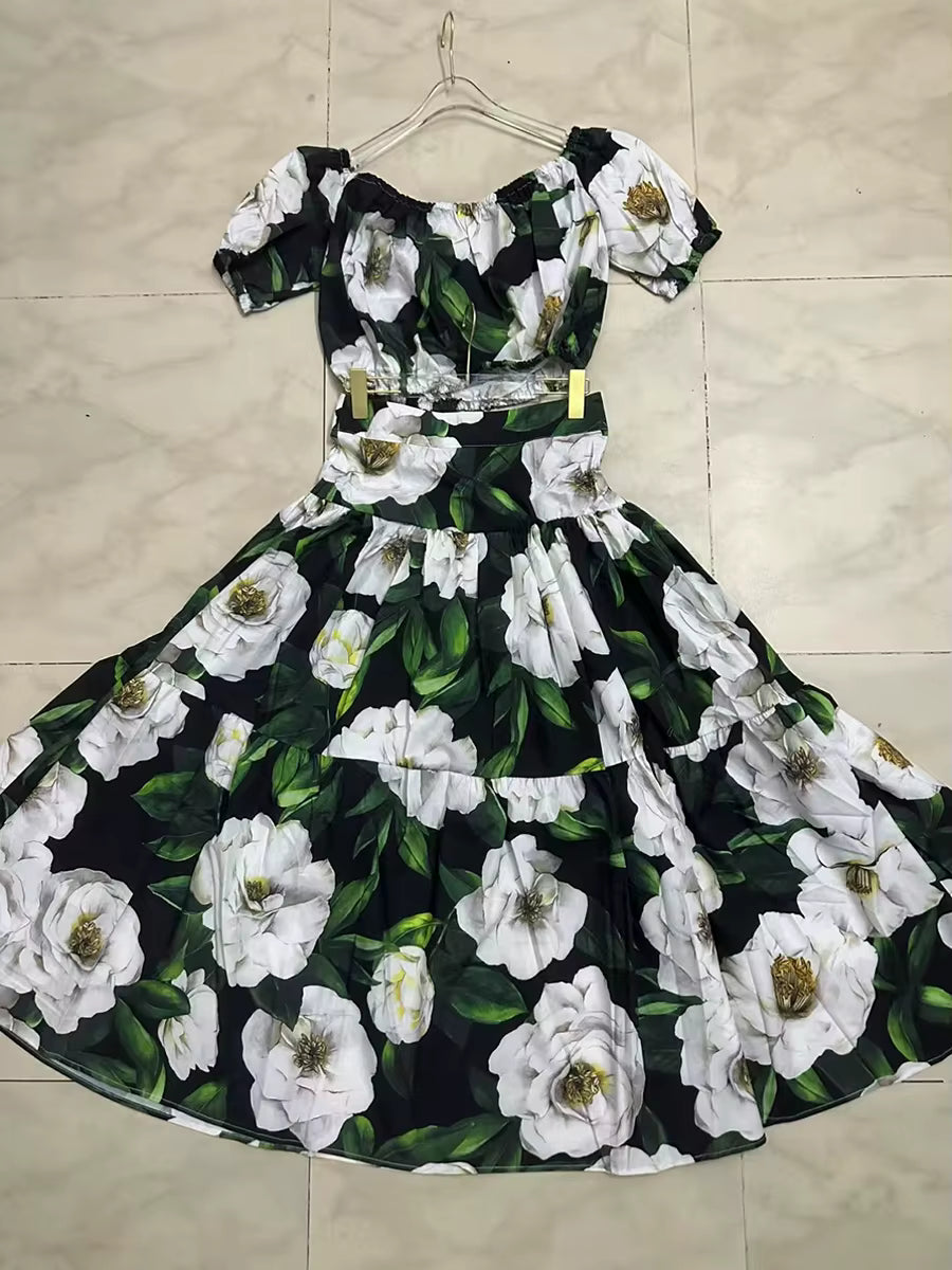 Flower Print Off The Shoulder Short Sleeve Top High Waist A Line Folds Skirts Two Piece Set