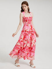 Flower Print Open Back Criss-cross Knotted Shirred Dress