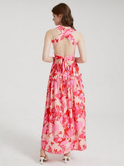 Flower Print Open Back Criss-cross Knotted Shirred Dress