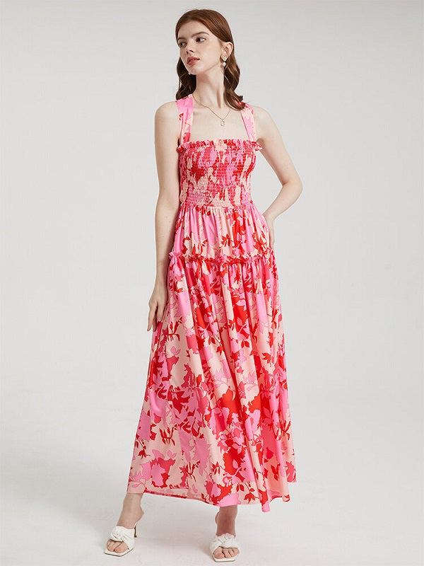 Flower Print Open Back Criss-cross Knotted Shirred Dress