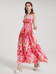 Flower Print Open Back Criss-cross Knotted Shirred Dress
