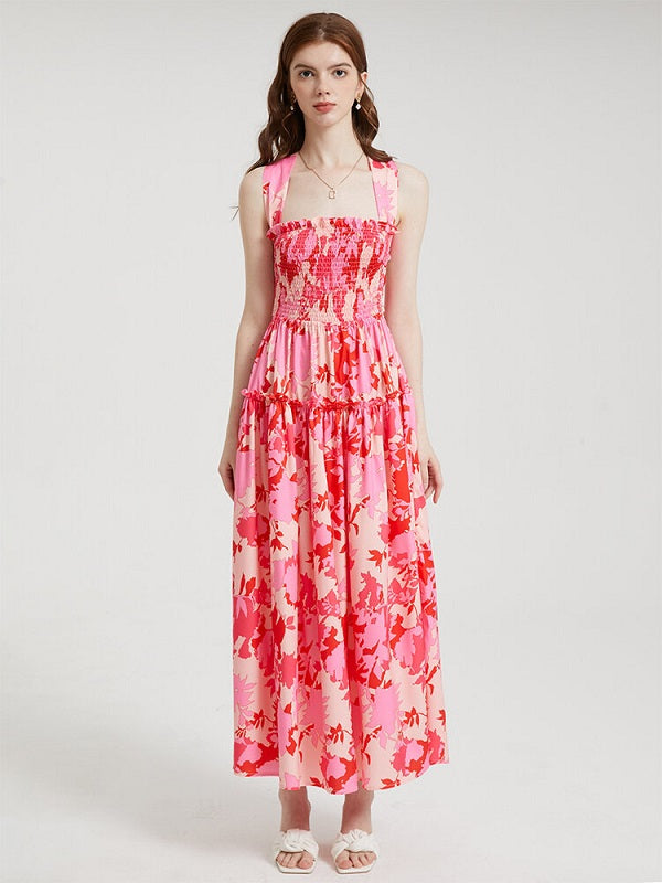 Flower Print Open Back Criss-cross Knotted Shirred Dress