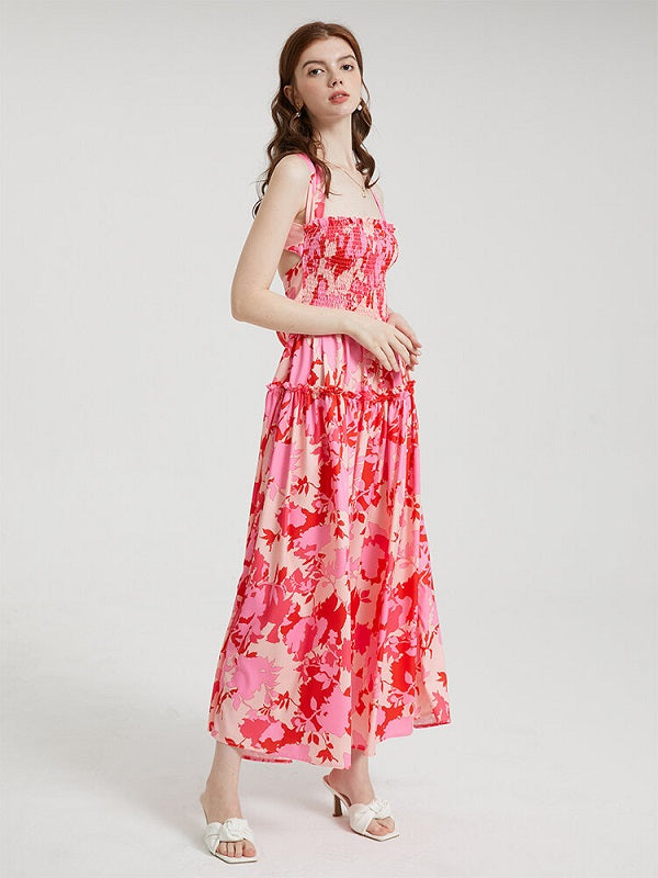 Flower Print Open Back Criss-cross Knotted Shirred Dress