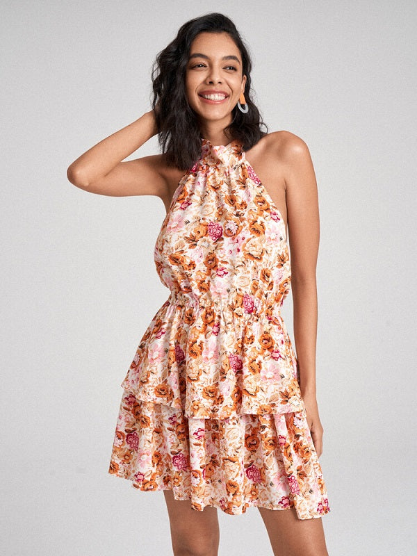 Flower Print Open Back Self Tie Halter Tiered Mini Dress