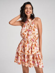 Flower Print Open Back Self Tie Halter Tiered Mini Dress
