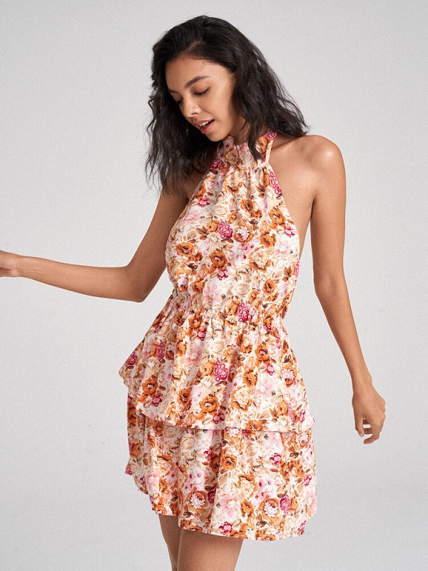 Flower Print Open Back Self Tie Halter Tiered Mini Dress