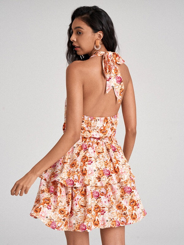 Flower Print Open Back Self Tie Halter Tiered Mini Dress