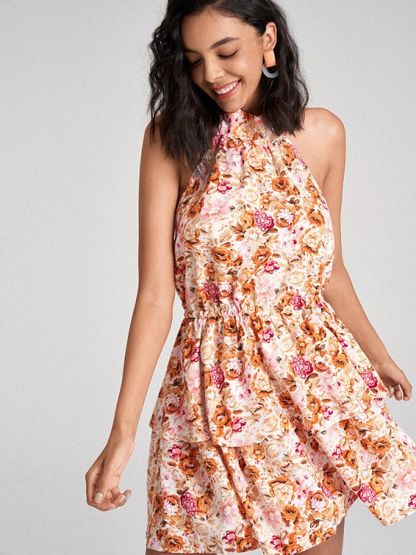Flower Print Open Back Self Tie Halter Tiered Mini Dress