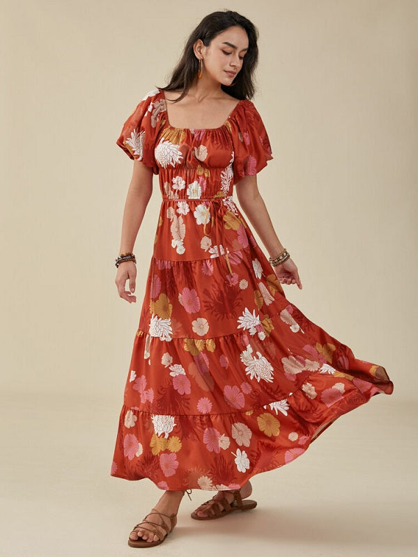 Flower Print Puff Sleeve Belt Square Collar Swing Dress