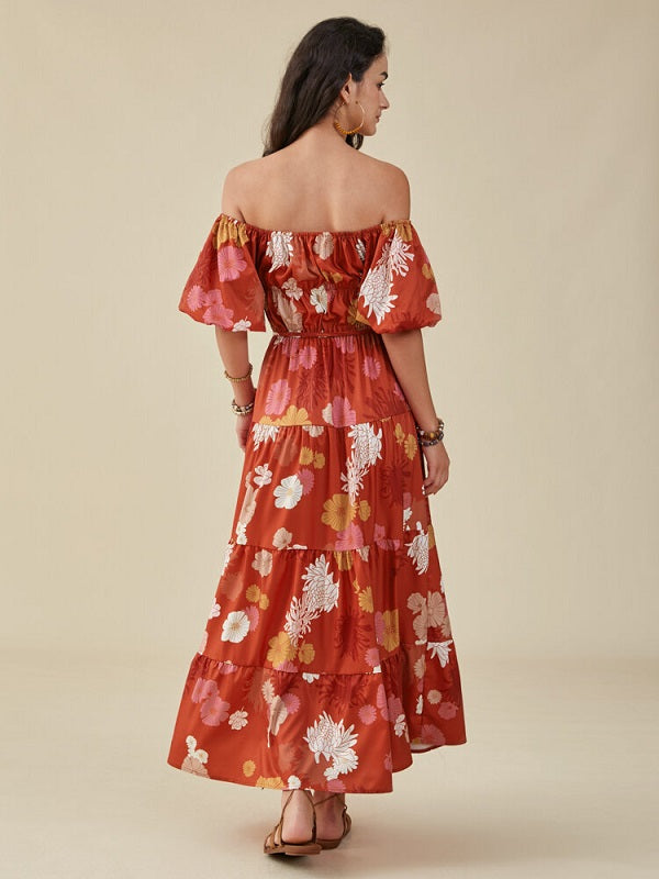 Flower Print Puff Sleeve Belt Square Collar Swing Dress