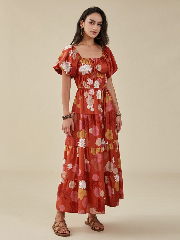 Flower Print Puff Sleeve Belt Square Collar Swing Dress