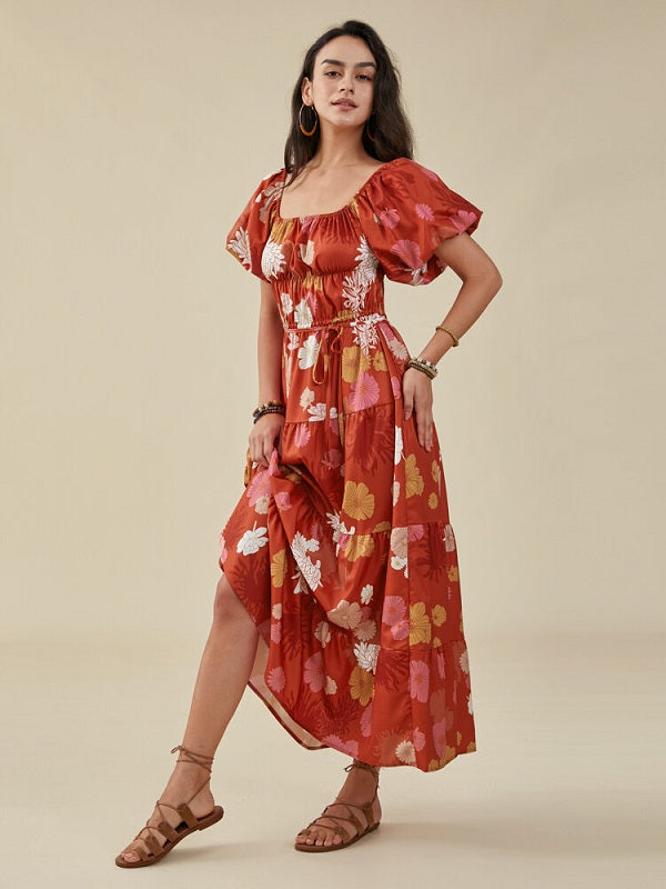 Flower Print Puff Sleeve Belt Square Collar Swing Dress