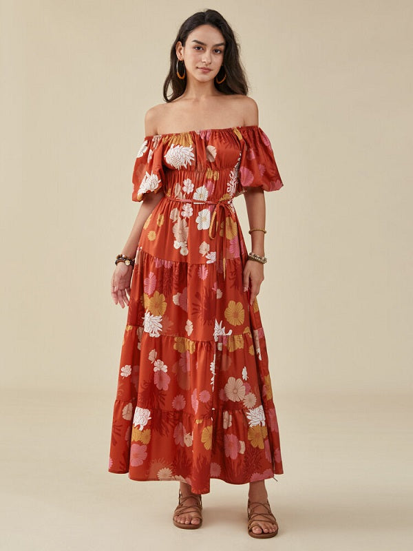 Flower Print Puff Sleeve Belt Square Collar Swing Dress