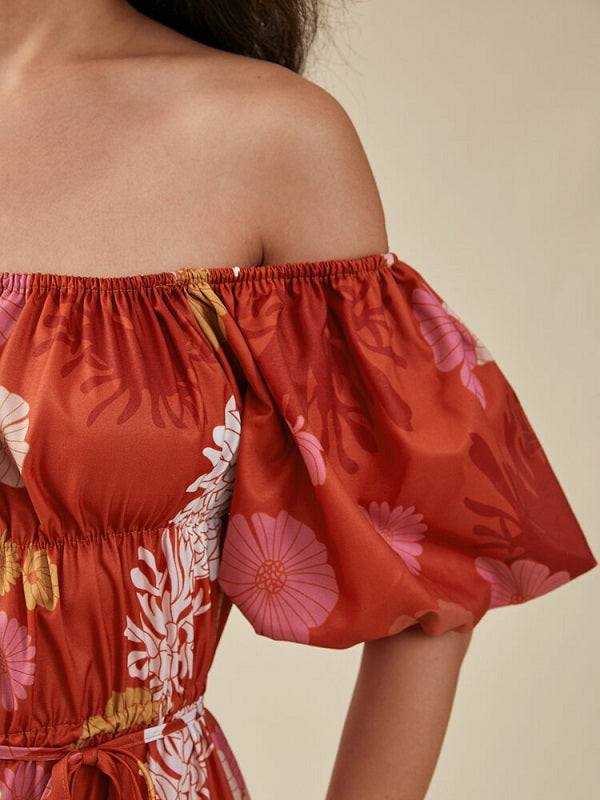Flower Print Puff Sleeve Belt Square Collar Swing Dress