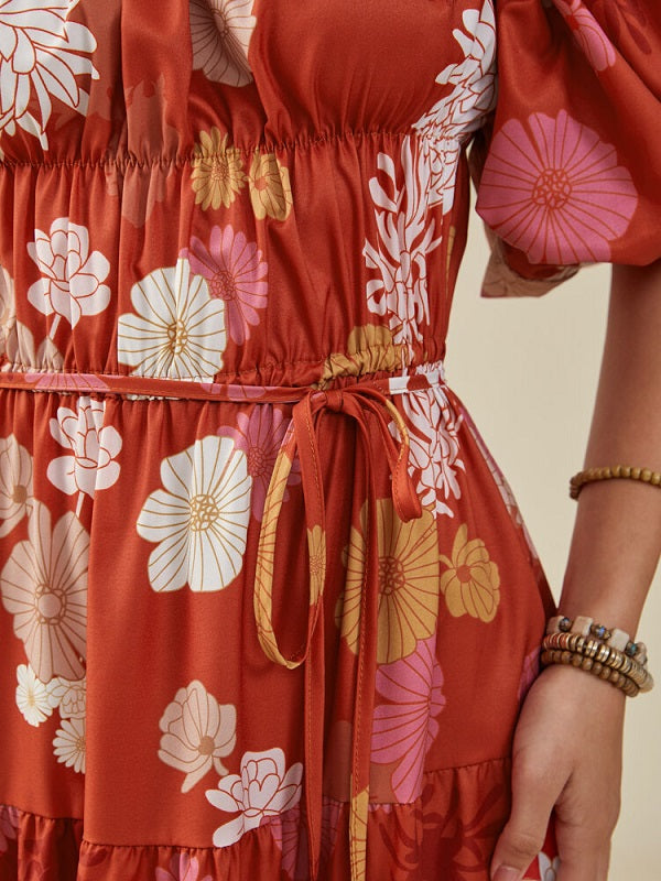 Flower Print Puff Sleeve Belt Square Collar Swing Dress