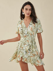 Flower Print Ruffle Belt Cross Front V-neck Short Sleeve Dress