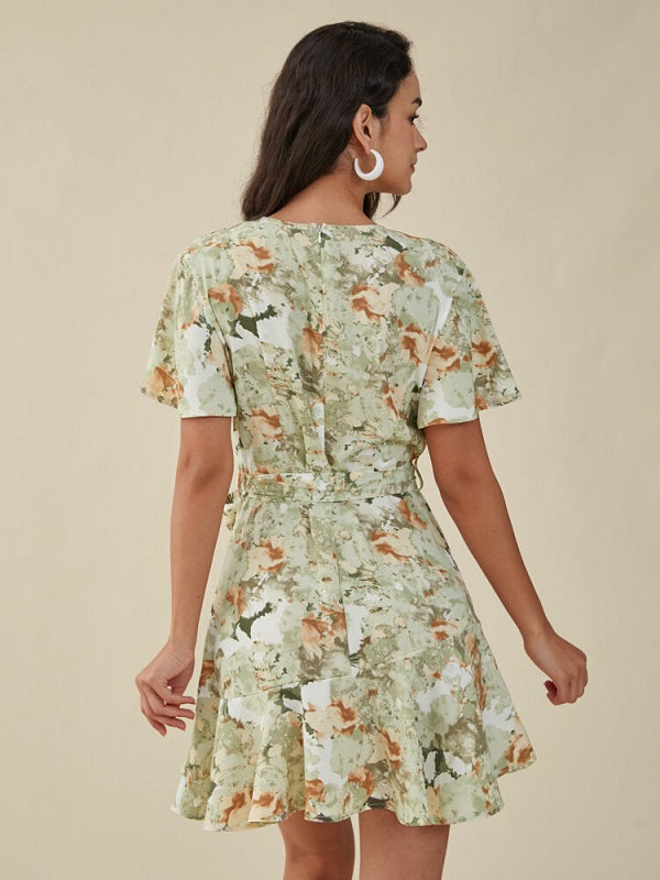 Flower Print Ruffle Belt Cross Front V-neck Short Sleeve Dress