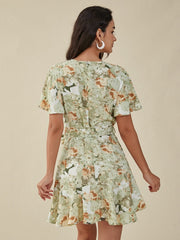 Flower Print Ruffle Belt Cross Front V-neck Short Sleeve Dress