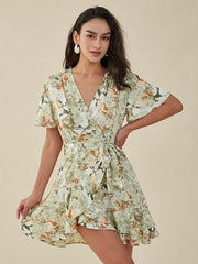 Flower Print Ruffle Belt Cross Front V-neck Short Sleeve Dress