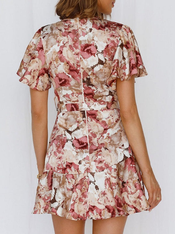 Flower Print Ruffle Belt Cross Front V-neck Short Sleeve Dress