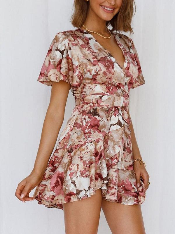 Flower Print Ruffle Belt Cross Front V-neck Short Sleeve Dress