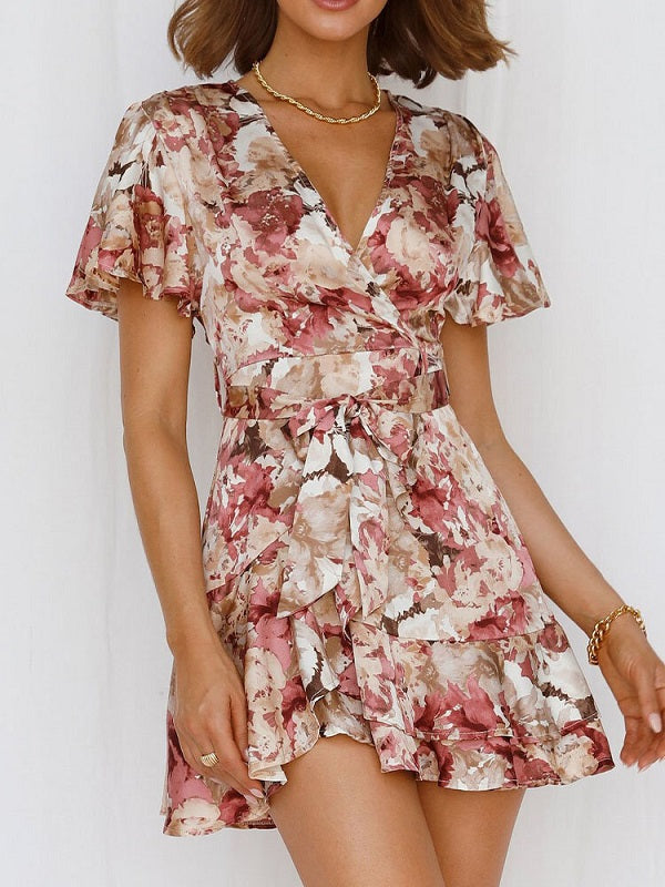 Flower Print Ruffle Belt Cross Front V-neck Short Sleeve Dress