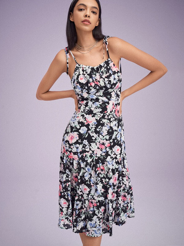 Flower Print Shirred Open Back Tie Shoulder Strap Dress