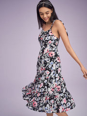 Flower Print Shirred Open Back Tie Shoulder Strap Dress