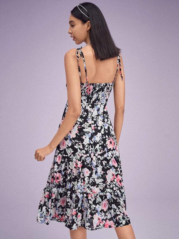Flower Print Shirred Open Back Tie Shoulder Strap Dress