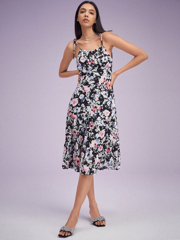Flower Print Shirred Open Back Tie Shoulder Strap Dress