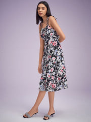 Flower Print Shirred Open Back Tie Shoulder Strap Dress