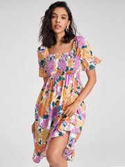 Flower Print Shirred Puff Sleeve High Waist Square Collar Dress