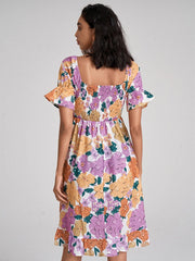Flower Print Shirred Puff Sleeve High Waist Square Collar Dress