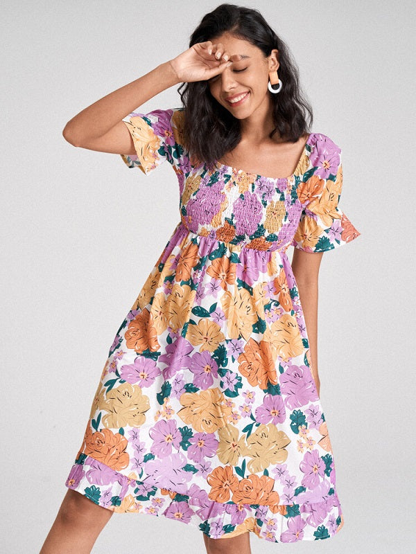 Flower Print Shirred Puff Sleeve High Waist Square Collar Dress