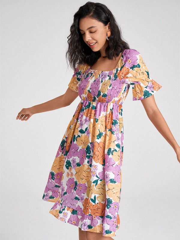 Flower Print Shirred Puff Sleeve High Waist Square Collar Dress